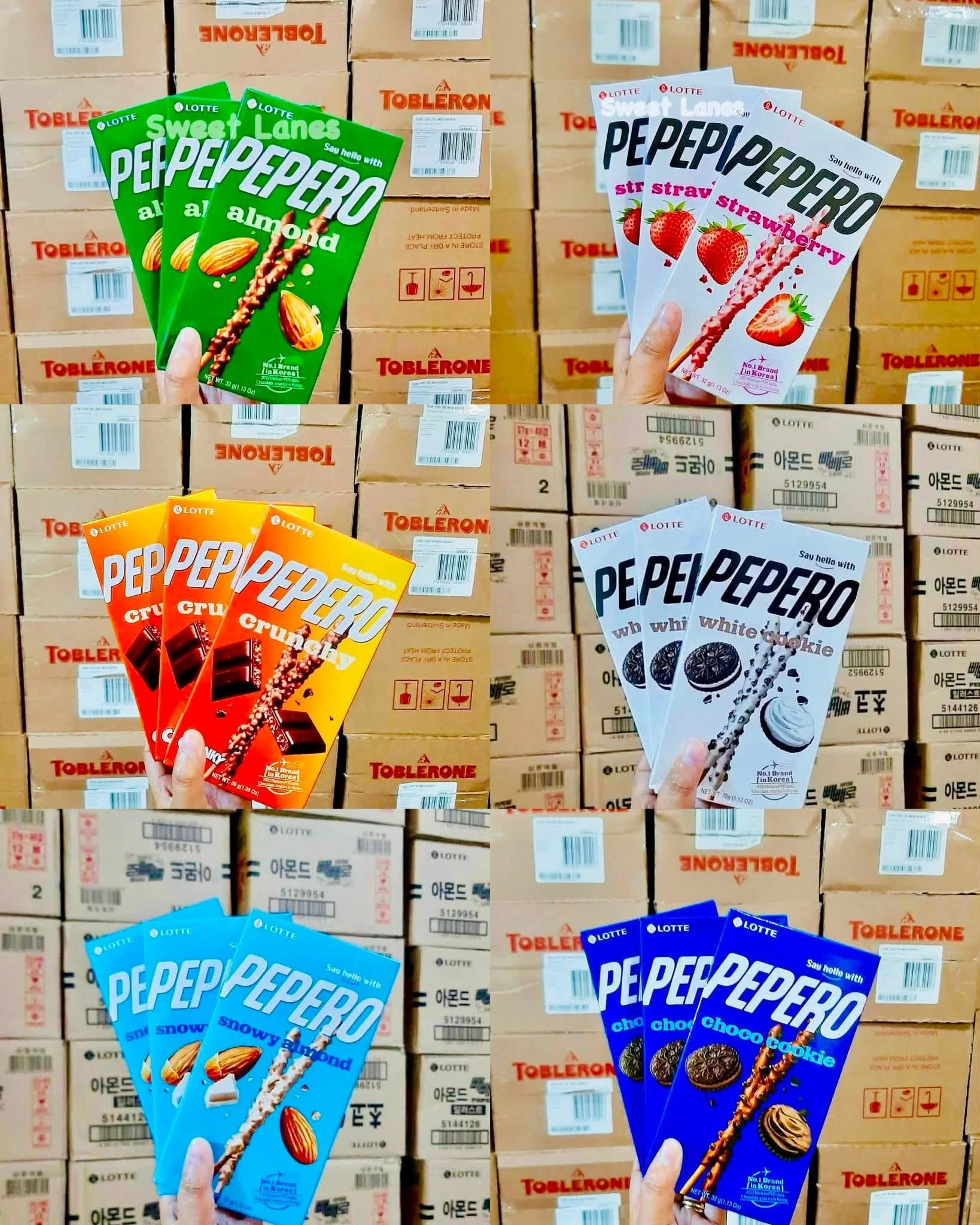 Pepero — บิสกิตแท่งเคลือบหลากรส: อัลมอนด์ สตรอว์เบอร์รี ครันชี่ ไวท์คุกกี้ สโนวี่อัลมอนด์ และช็อกโกคุกกี้